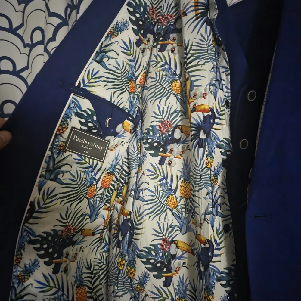 Paisley & Gray Blue 3-Piece Suit with Tropical Print Lining, Slacks and Vest - Picture 3 of 4